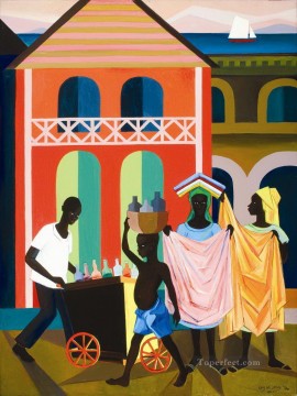  african Art - black city life on street African